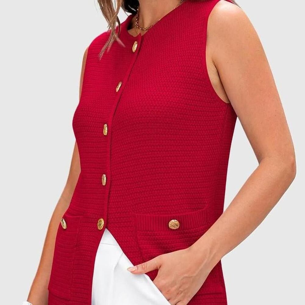 Prettygarden Women's Red Gilet Spring Sweater Vest Sleeveless